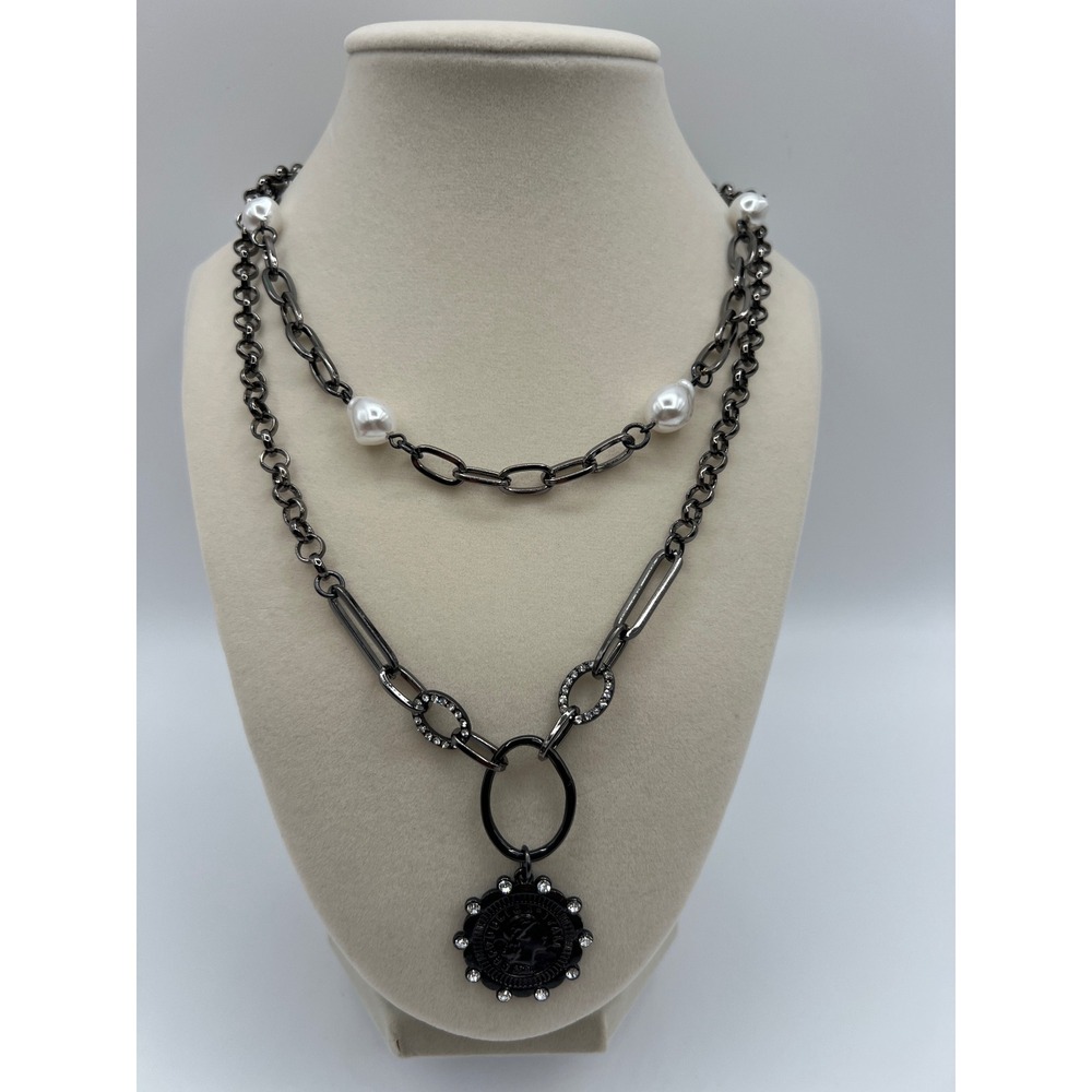QD BOSS Gunmetal Layered Necklace Faux Pearl Coin Pendant Crystal Link 0135